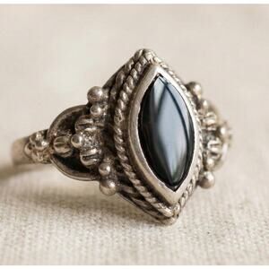 Vintage Sterling Silver Black Onyx Marquise Filigree Ring Size 3